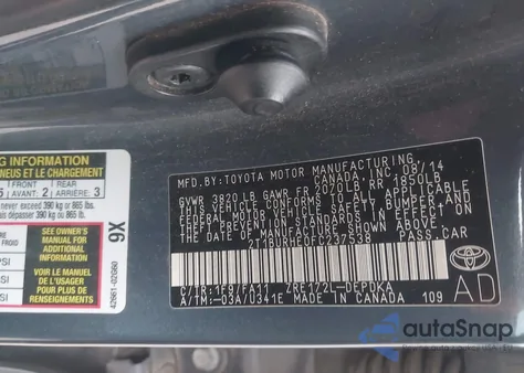 2015 Toyota Corolla L из США, поврежденный, VIN 2T1BURHE0FC237538